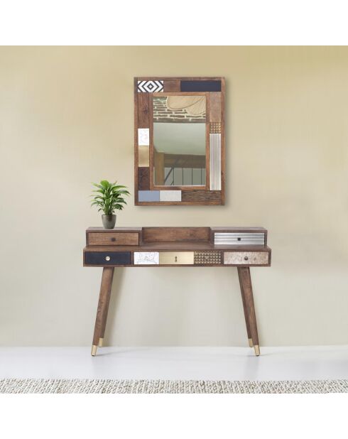 Bureau multi-matériaux peau de vache bois sculpté Naturel - 130x45x88 cm