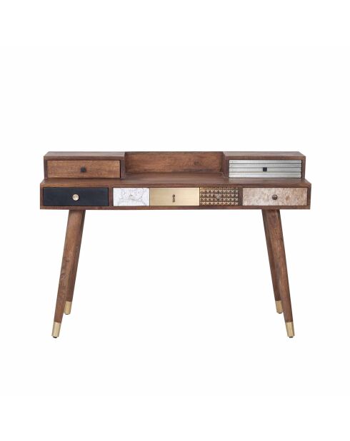 Bureau multi-matériaux peau de vache bois sculpté Naturel - 130x45x88 cm