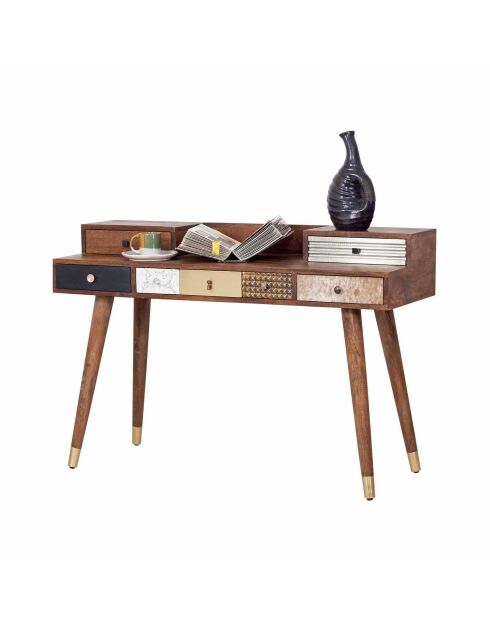 Bureau multi-matériaux peau de vache bois sculpté Naturel - 130x45x88 cm