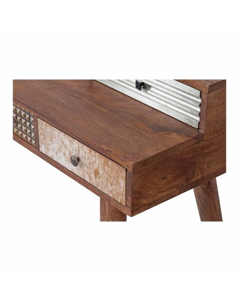 Bureau multi-matériaux peau de vache bois sculpté Naturel - 130x45x88 cm