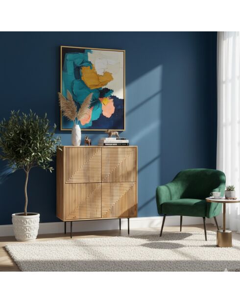 Buffet haut bois sculpté motif géométrique 4P Manguier Maglan Beige - 92x40x110 cm