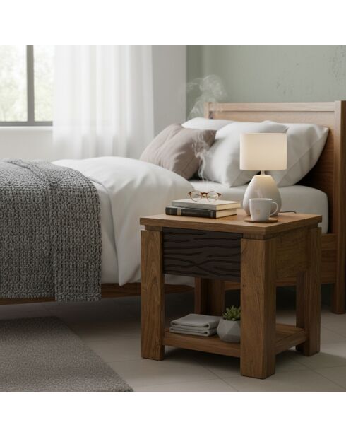 1T Acacia Maya zweifarbiger Nachttisch aus geschnitztem Holz