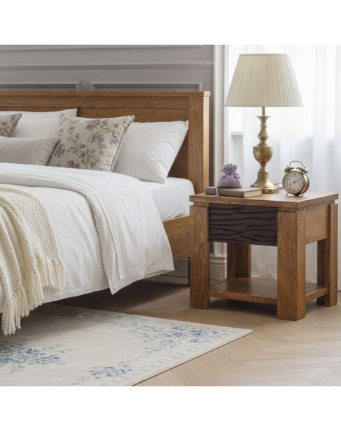 1T Acacia Maya zweifarbiger Nachttisch aus geschnitztem Holz