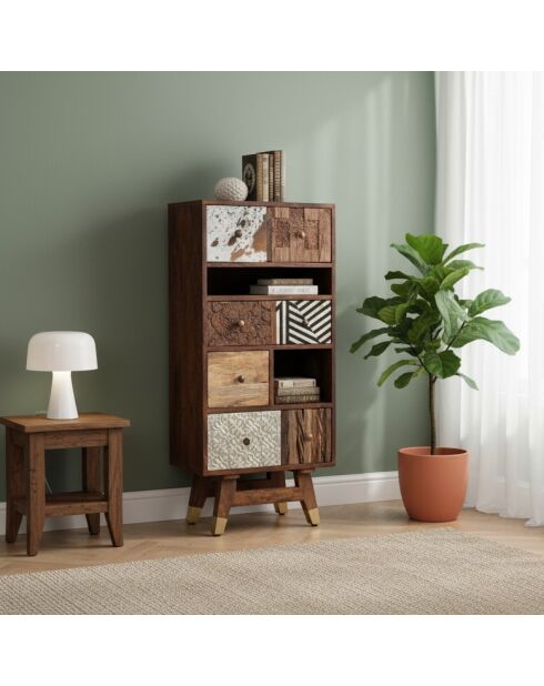 Chiffonnier multi-matériaux peau de vache bois sculpté Naturel - 50x40x110 cm