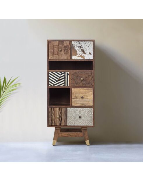 Chiffonnier multi-matériaux peau de vache bois sculpté Naturel - 50x40x110 cm