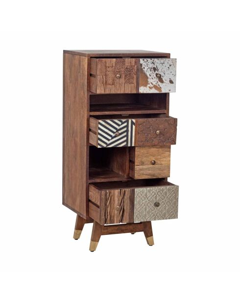 Chiffonnier multi-matériaux peau de vache bois sculpté Naturel - 50x40x110 cm