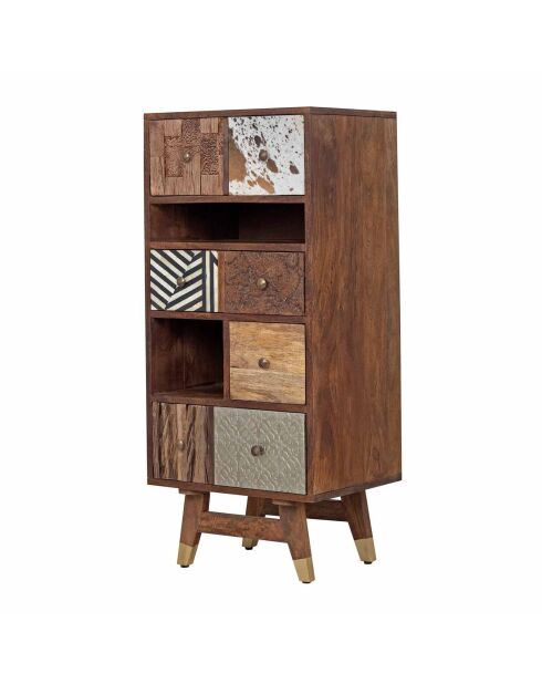 Chiffonnier multi-matériaux peau de vache bois sculpté Naturel - 50x40x110 cm