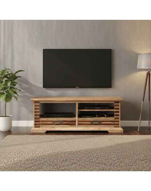 Meuble TV bois bicolore 2T 3N Acacia Luxor Beige - 140x45x50 cm
