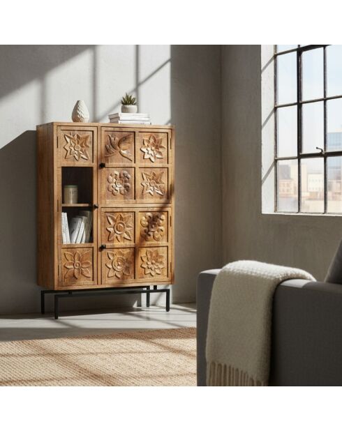 Buffet haut 3 portes Manguier Sculture Beige - 90x40x135 cm