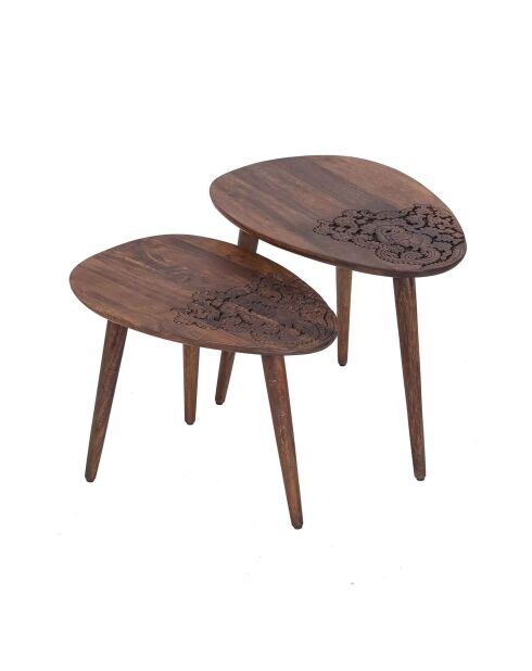 Set 2 tables d'appoint plateau sculpté bois massif Acacia Adir Marron - 58x40x46 cm