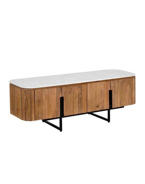 Meuble TV bas 4 portes plateau marbre blanc Manguier Kfir II Marron - 140x42x50 cm