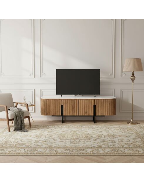 Meuble TV bas 4 portes plateau marbre blanc Manguier Kfir II Marron - 140x42x50 cm