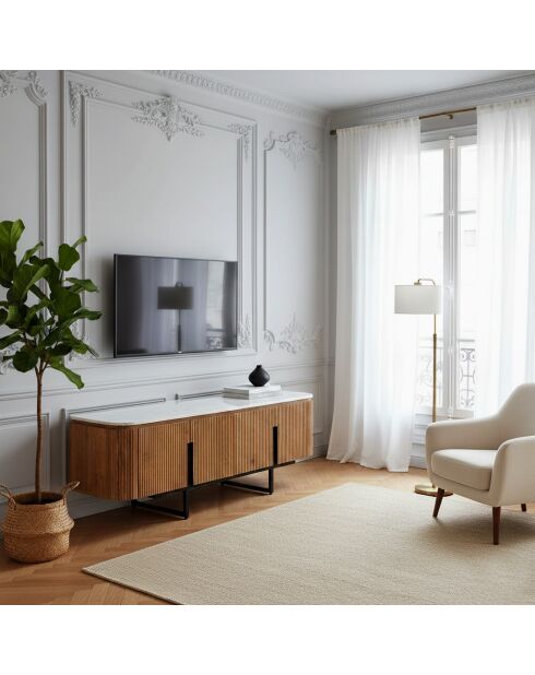 Meuble TV bas 4 portes plateau marbre blanc Manguier Kfir II Marron - 140x42x50 cm