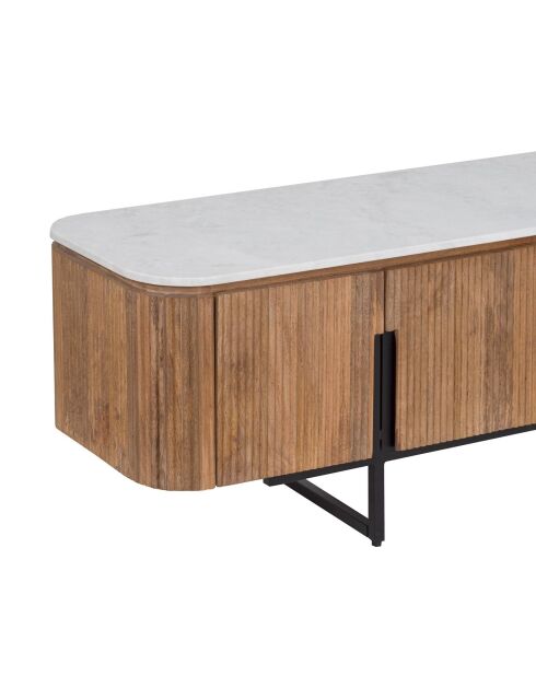 Meuble TV bas 4 portes plateau marbre blanc Manguier Kfir II Marron - 140x42x50 cm