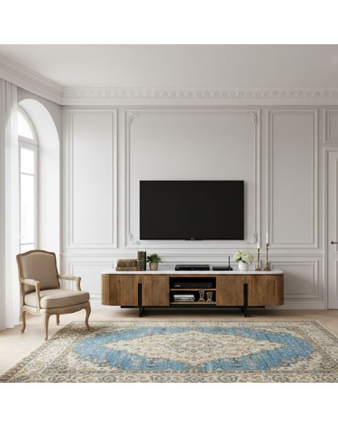 Meuble TV 4 portes, 2 niches plateau marbre blanc Manguier Kfir II Marron - 180x40x45 cm