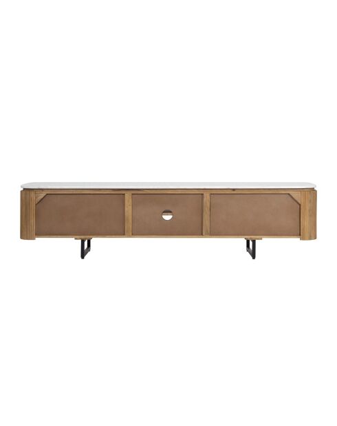 Meuble TV 4 portes, 2 niches plateau marbre blanc Manguier Kfir II Marron - 180x40x45 cm