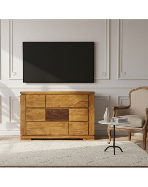 Commode bois sculpté bicolore Acacia Maya Naturel - 120x45x80 cm