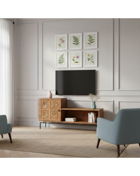 Meuble TV asymétrique 1 porte Manguier Sculture Beige - 148x40x79 cm