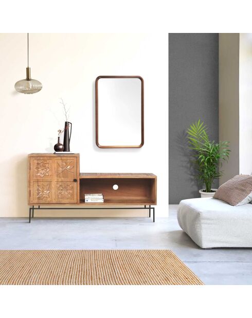 Meuble TV asymétrique 1 porte Manguier Sculture Beige - 148x40x79 cm