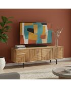 Meuble Tv bois sculpté motif géométrique 4P Manguier Maglan Beige - 140x40x50 cm