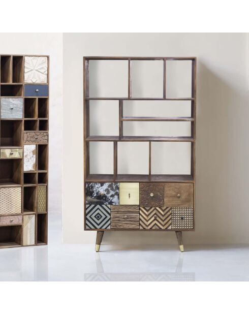 Etagère multi-matériaux peau de vache bois sculpté Naturel - 100x40x175 cm