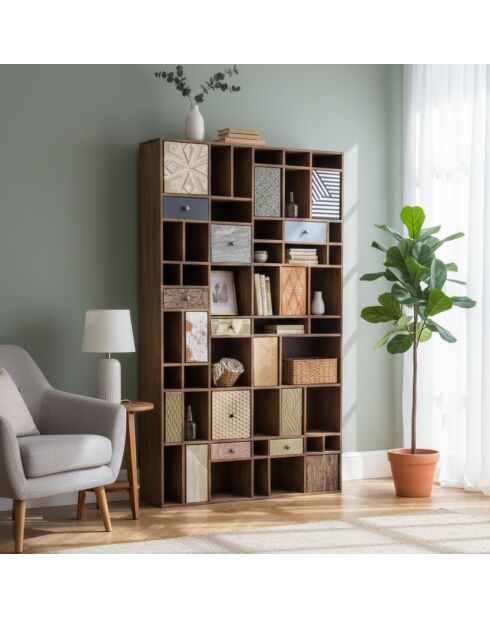 Bibliothèque multi-matériaux peau de vache bois sculpté Naturel - 115x30x200 cm