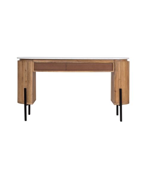 Bureau 2 tiroirs plateau marbre blanc Manguier Kfir II Marron - 140x42x76 cm