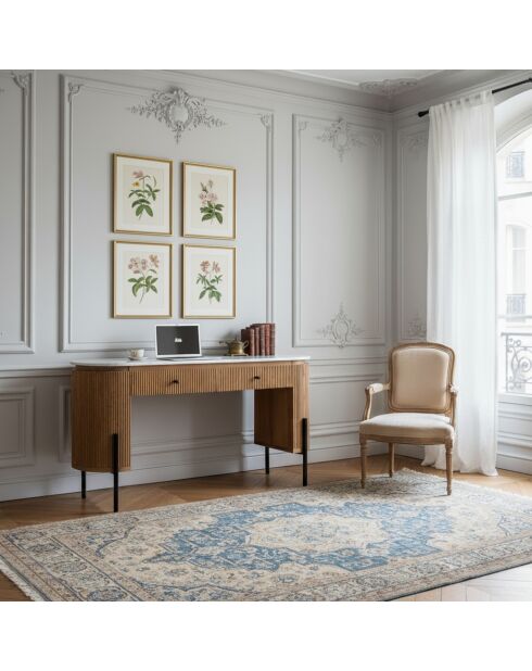 Bureau 2 tiroirs plateau marbre blanc Manguier Kfir II Marron - 140x42x76 cm