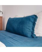 Coussin en lin frangé bleu 55x110cm