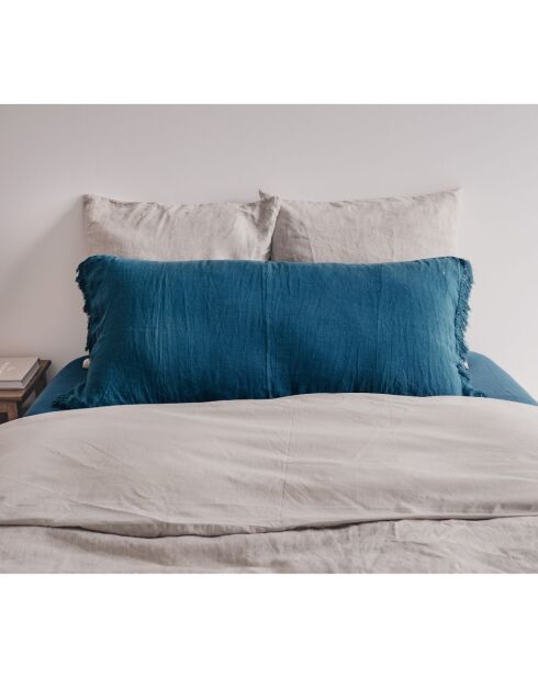 Coussin en lin frangé bleu 55x110cm