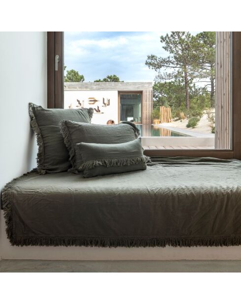 Plaid en lin & coton finitions frangées vert 150x180cm