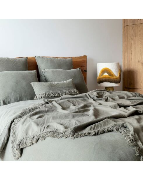 Plaid en lin & coton finitions frangées vert 150x180cm
