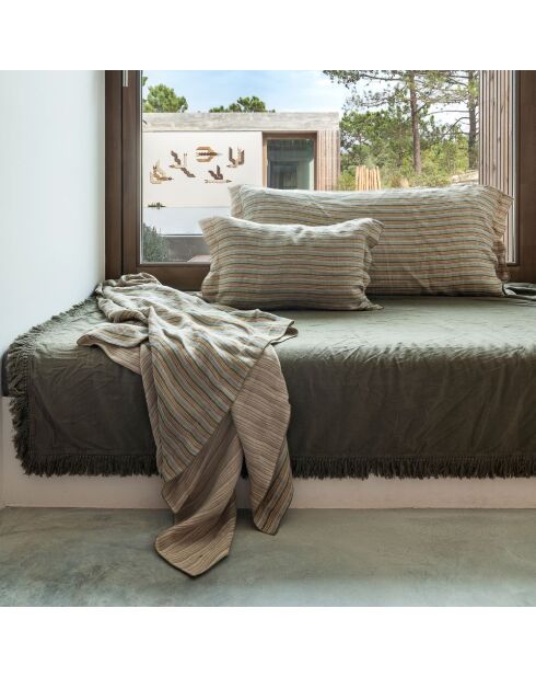 Plaid en lin & coton finitions frangées vert 150x180cm