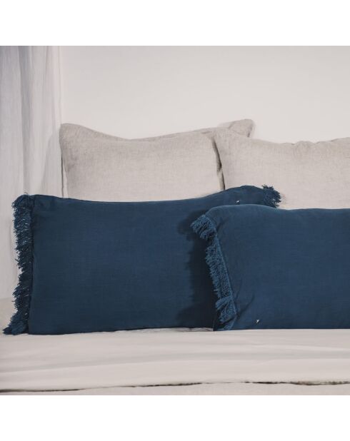 Coussin frangé en lin bleu 50x70cm