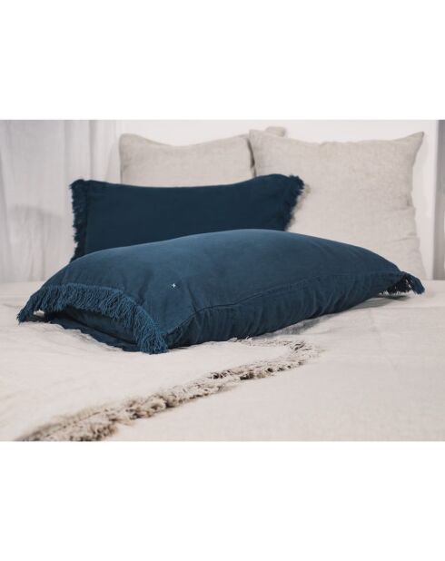 Coussin frangé en lin bleu 50x70cm