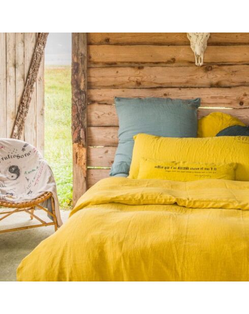 Drap housse en lin lavé jaune 160x200cm