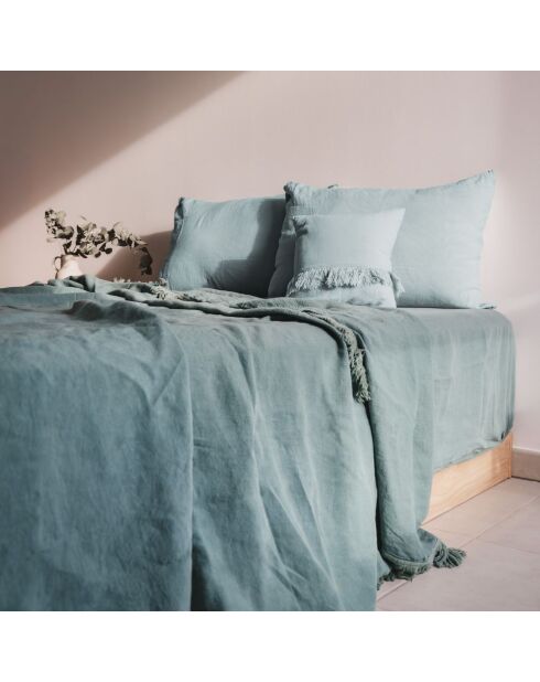 Coussin frangé en lin bleu 50x70cm