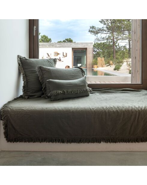 Coussin en lin frangé vert 30x60cm