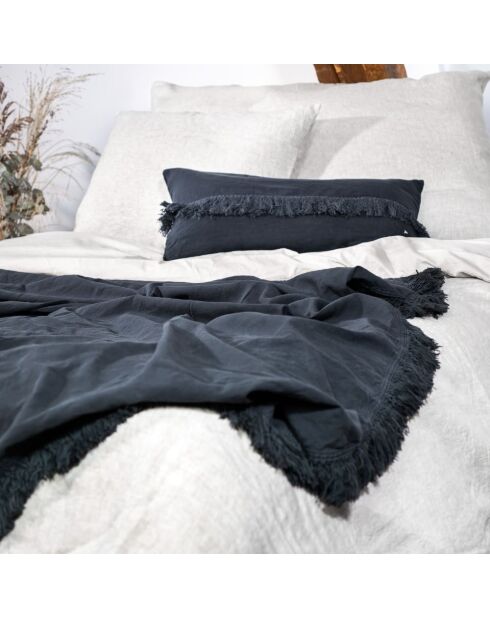 Plaid en lin & coton finitions frangées noir 150x180cm