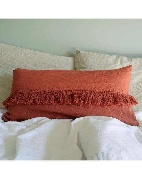 Coussin en lin frangé terre brûlée 30x60cm