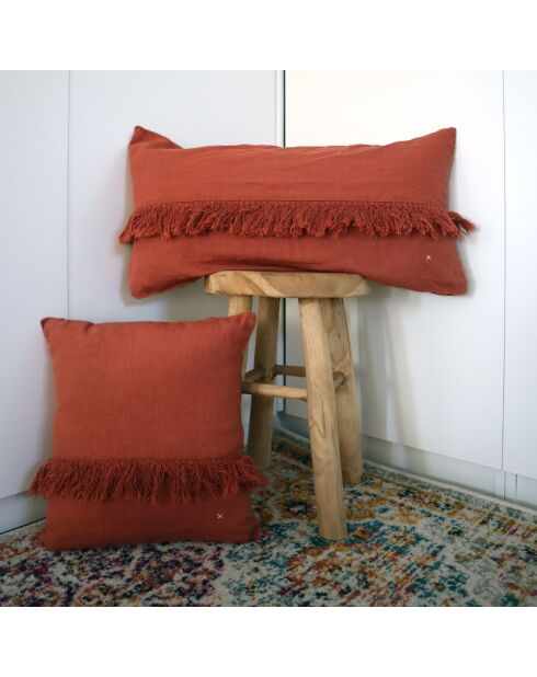 Coussin en lin frangé terre brûlée 30x60cm