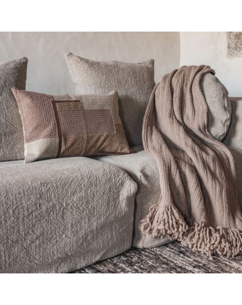 Plaid frangé en laine & coton beige 140x220 cm