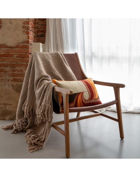 Plaid frangé en laine & coton beige 140x220 cm