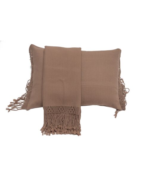 Plaid en coton & laine et détails macramé marron 90x200cm