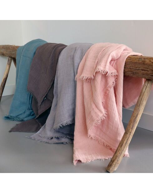 Plaid en lin lavé finitions frangées rose 150x180cm