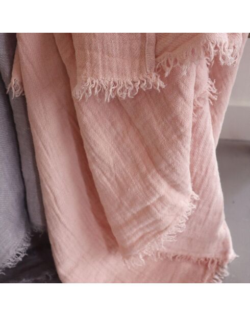 Plaid en lin lavé finitions frangées rose 150x180cm