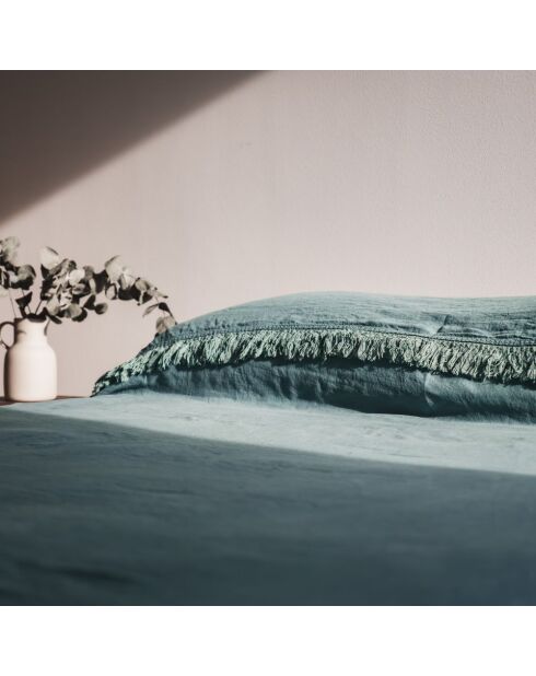 Couvre-lit en lin finitions frangées bleu 250x250cm