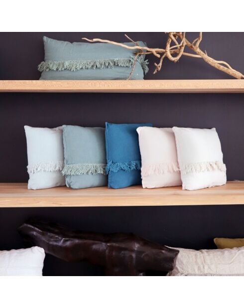 Coussin en lin frangé bleu 35x35cm