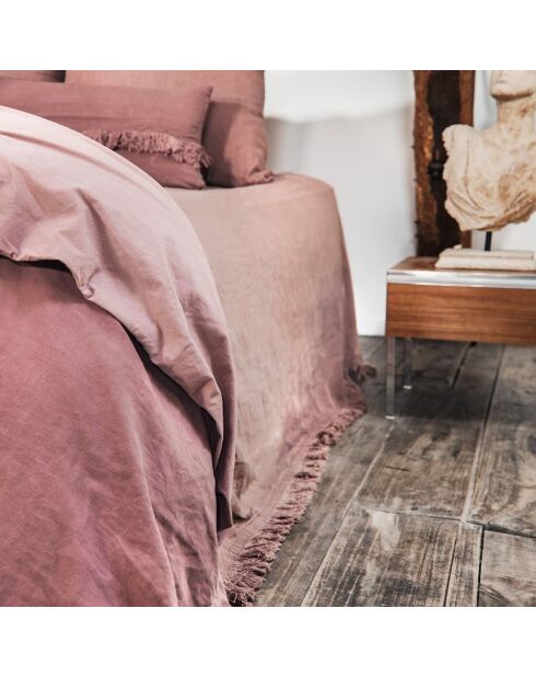 Couvre-lit en lin finitions frangées rose 250x250cm