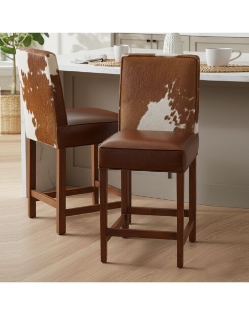 Tabouret de bar en peau de vache Acacia Savage Naturel - 46x50x109 cm